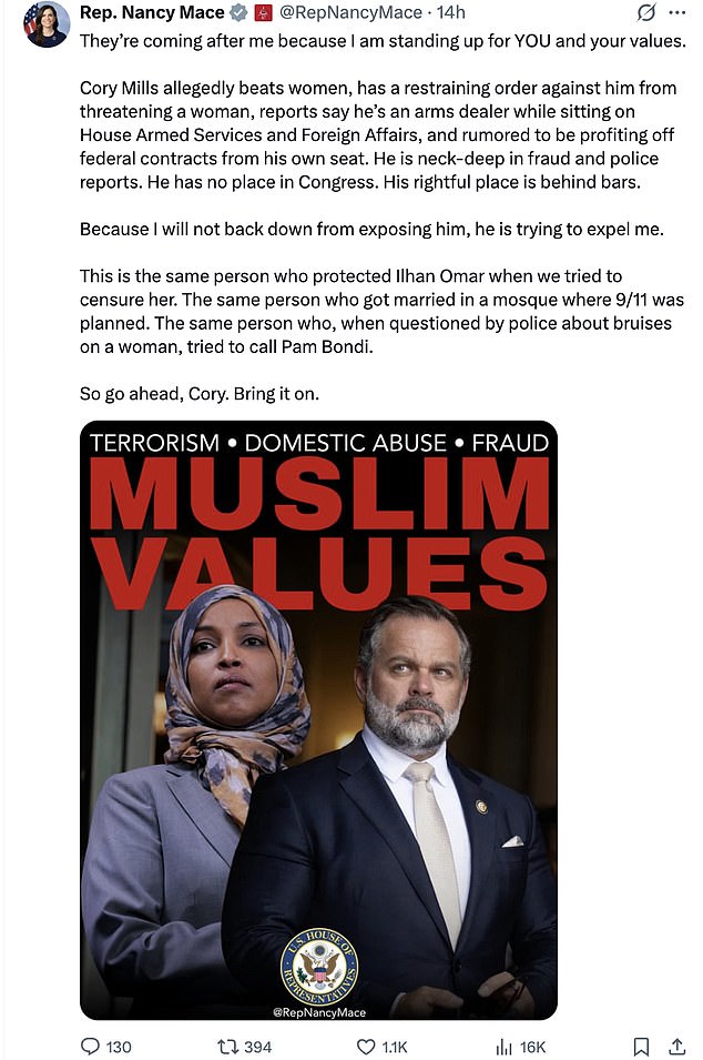 Nancy Mace, Cory Mills'in görevden alınmasını talep ederek sert cevap verdi.