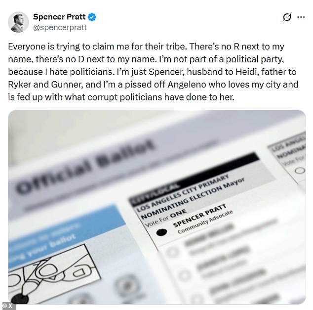 Spencer Pratt claims no party affiliation despite recent Republican registration.