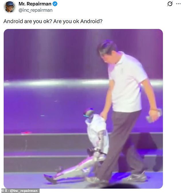 Humanoid robot stumbles over stage step during public dance performance.