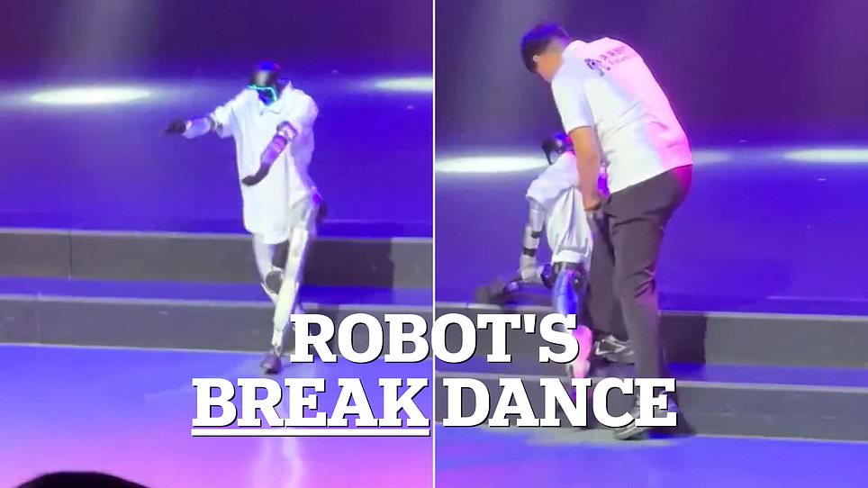 Humanoid robot stumbles over stage step during public dance performance.
